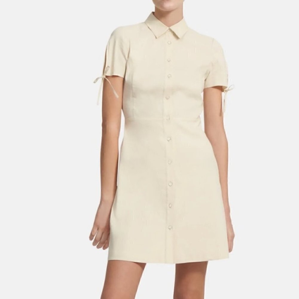 Theory | Tied-Sleeve Button-Down Dress In White Linen Blend White Size 6